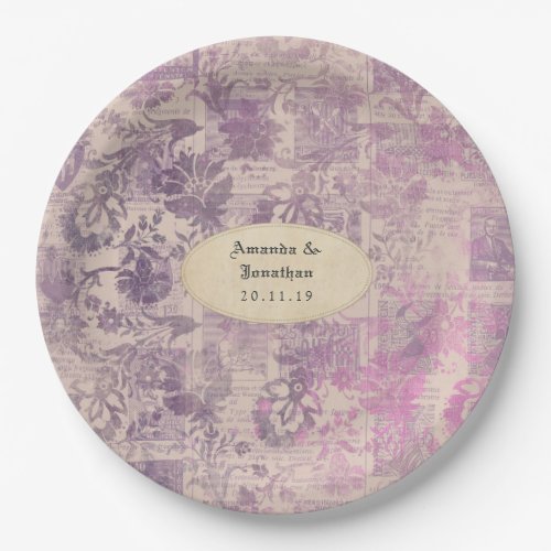 Lavender Ephemera Damask Wedding Paper Plates