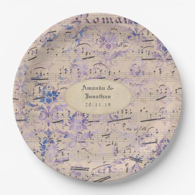 Lavender Ephemera Music Notes Wedding Paper Plates (Front)