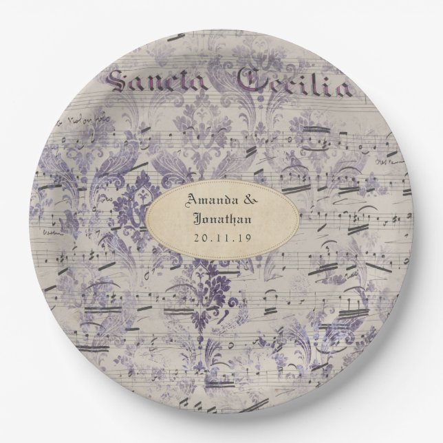 Lavender Ephemera Music Notes Wedding Paper Plates (Front)