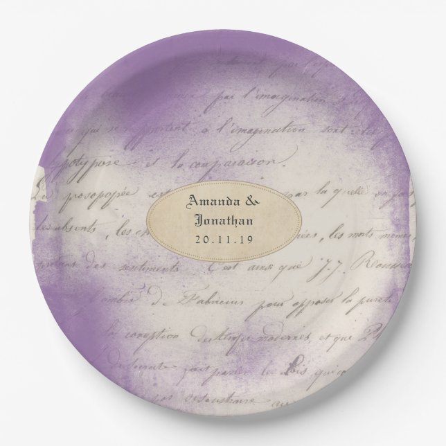 Lavender Ephemera Typography Wedding Paper Plates (Front)