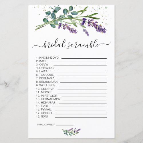 Lavender Eucalypt Word Scramble Bridal Shower Game