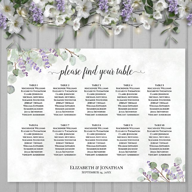 Lavender Eucalyptus 10 Table Wedding Seating Chart (In Situ on Wall with Flowers)