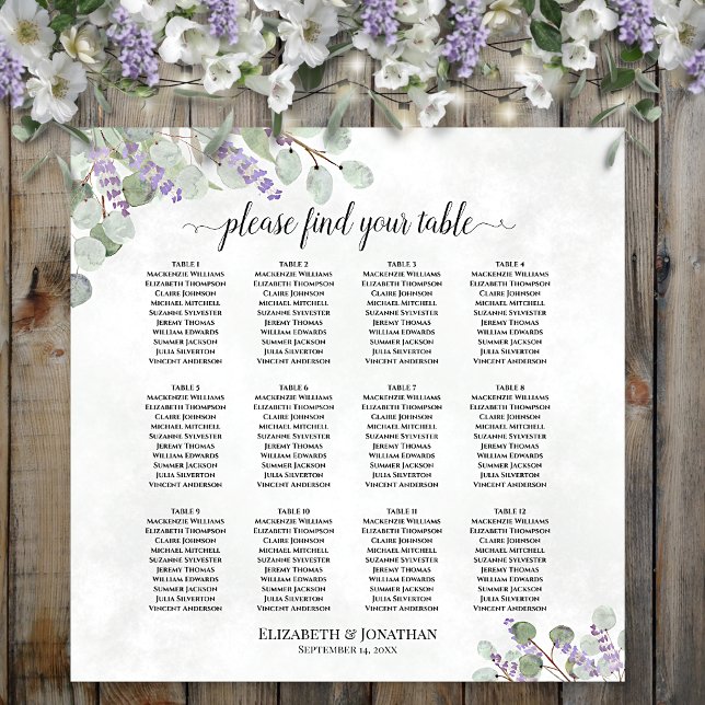 Lavender Eucalyptus 12 Table Wedding Seating Chart (In Situ on Wall with Decorations)