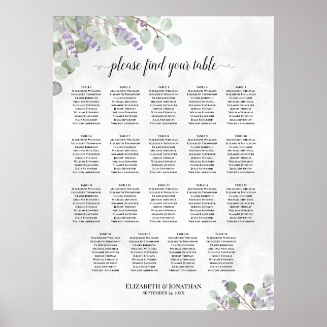 Lavender Eucalyptus 19 Table Wedding Seating Chart (Front)