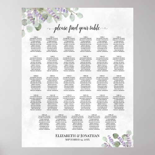 Lavender Eucalyptus 29 Table Wedding Seating Chart