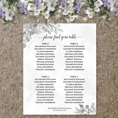 Lavender Eucalyptus 4 Table Wedding Seating Chart