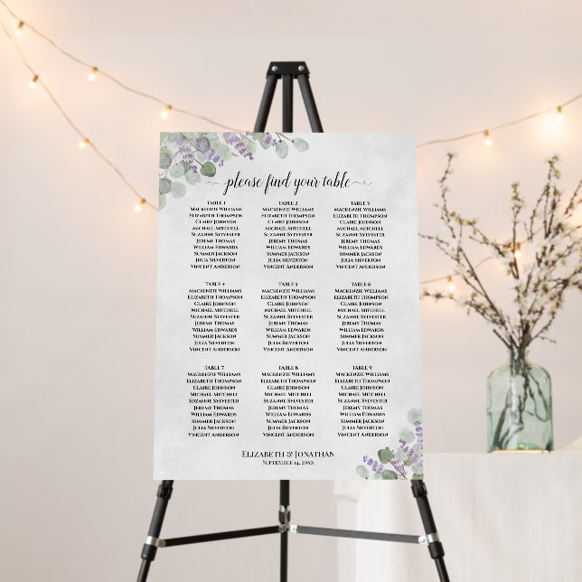 Lavender Eucalyptus 9 Table Wedding Seating Chart Foam Board (In Situ (Stand))