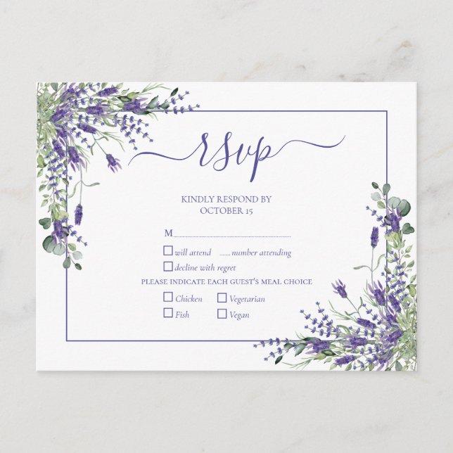 Lavender Eucalyptus Botanical Script Wedding RSVP Invitation Postcard (Front)