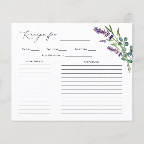 Lavender Eucalyptus Bridal Shower Recipe card