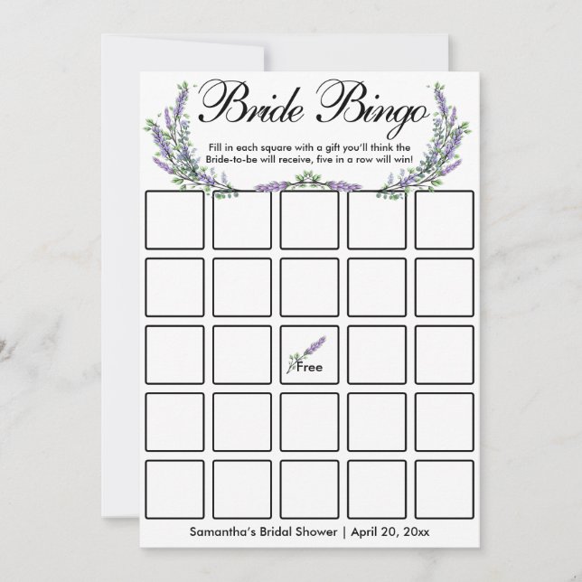 Lavender eucalyptus elegant Bridal bingo game card (Front)