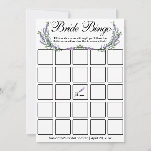 Lavender eucalyptus elegant Bridal bingo game card