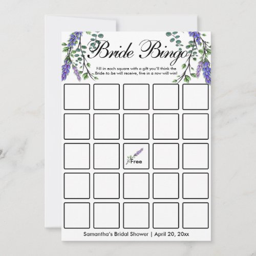 Lavender eucalyptus elegant Bridal bingo game card