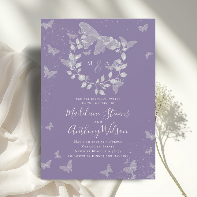 Lavender Eucalyptus Ethereal Butterfly Wedding Invitation (lavender wedding invitation butterflies eucalyptus crest modern classic romantic elegant calligraphy)