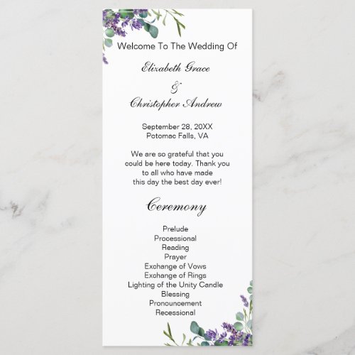 Lavender Eucalyptus Floral Botanical Wedding  Menu