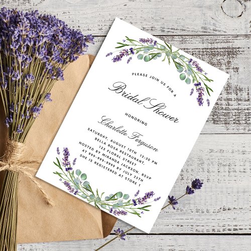 Lavender eucalyptus floral violet bridal shower invitation