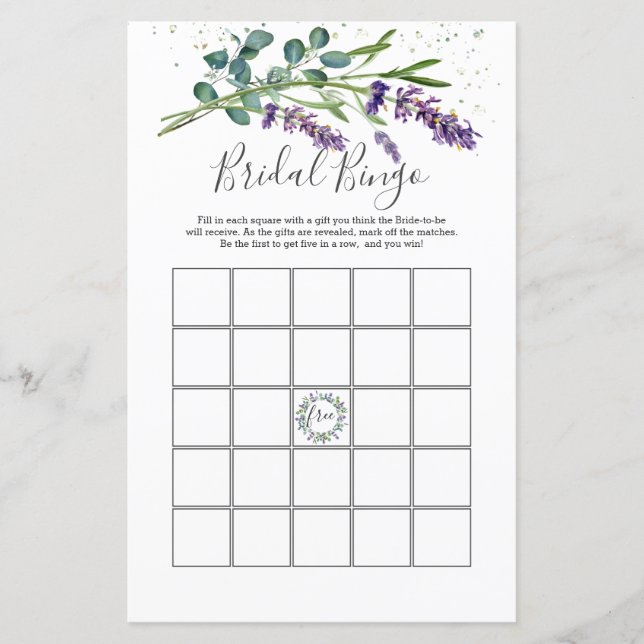 Lavender Eucalyptus Foliage Bridal Bingo Game (Front)