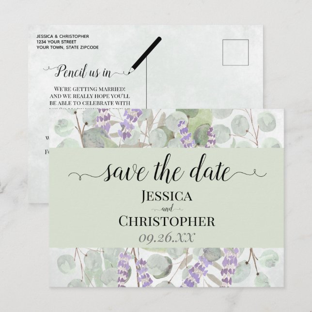 Lavender & Eucalyptus Green Wedding Save the Date Announcement Postcard (Front/Back)