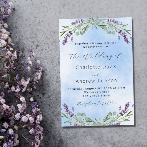 Lavender eucalyptus greenery blue wedding invitation postcard