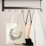 Lavender eucalyptus greenery floral name script tote bag<br><div class="desc">White background,  decorated with lavender flowers and eucalyptus greenery.
Personalize  and add your name. Black letters.</div>