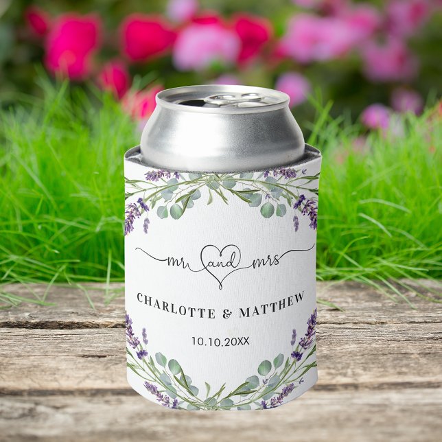 Lavender eucalyptus greenery mr mrs heart wedding can cooler (Creator Uploaded)