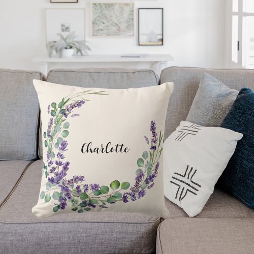 Lavender eucalyptus greenery name script beige throw pillow