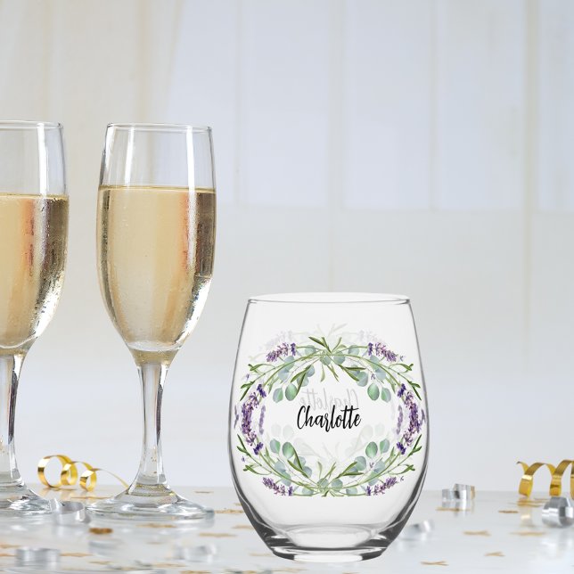 Lavender eucalyptus greenery name script stemless wine glass (Creator Uploaded)