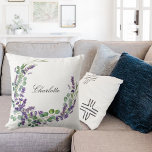 Lavender eucalyptus greenery name script throw pillow<br><div class="desc">White background,  decorated with a lavender and eucalyptus wreath.  Personalize and add your name,  black hand lettered style script.</div>