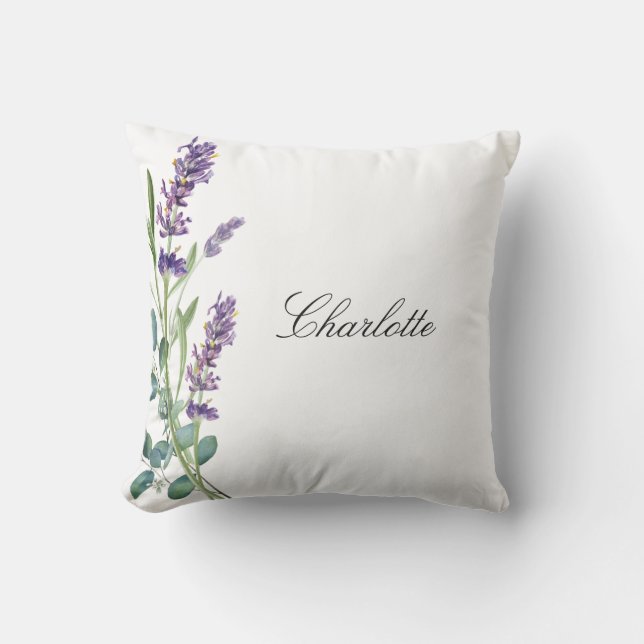Lavender eucalyptus greenery name script white outdoor pillow (Front)
