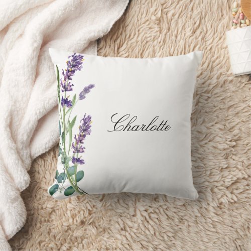 Lavender eucalyptus greenery name script white throw pillow