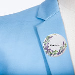 Lavender eucalyptus greenery name tag button<br><div class="desc">A chic white background. Decorated with lavender flowers and eucalyptus greenery.  Personalize and add a name.</div>