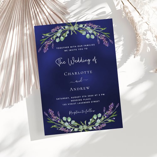 Lavender eucalyptus greenery navy blue wedding  invitation