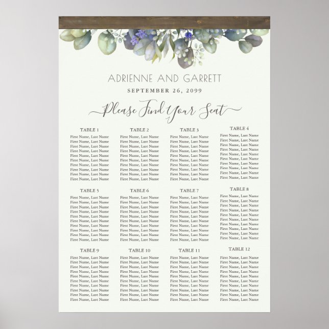 Lavender & Eucalyptus Greenery Wedding Seat Chart (Front)