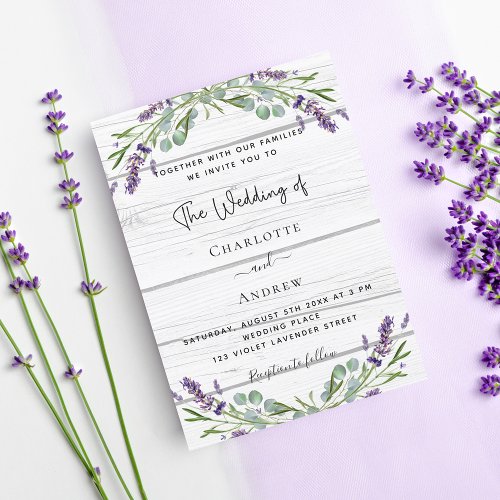 Lavender eucalyptus greenery white wood wedding  invitation