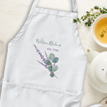 Lavender Eucalyptus Kitchen or Gardening Bib Apron<br><div class="desc">White bib apron with eucalyptus leaves and a sprig of lavender. Customize two lines of text and choose from two other apron colors and sizes. Kitchen name / chef / business or other can be added as the top line in gray-green handwritten script font. The line below is “Est. with...</div>