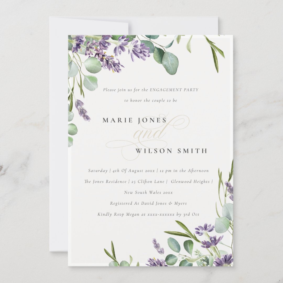 Lavender Eucalyptus Leafy Bunch Engagement Invite | Zazzle