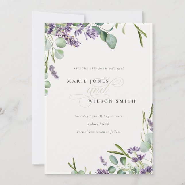Lavender Eucalyptus Leafy Bunch Save the Date Card (Front)
