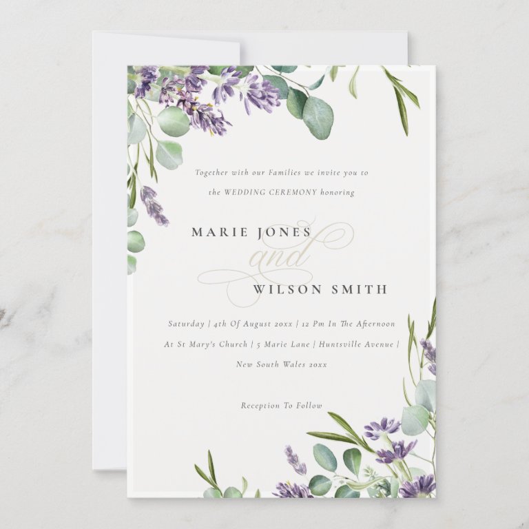 Lavender Eucalyptus Leafy Bunch Wedding Invite