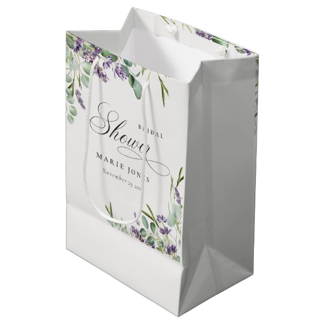 Lavender Eucalyptus Leafy Foliage Bridal Shower Medium Gift Bag (Front Angled)