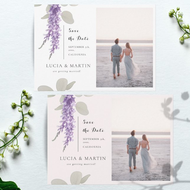 Lavender Eucalyptus Leaves Photo Save The Date Invitation (Creator Uploaded)