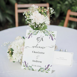 Lavender eucalyptus monogram welcome wedding pedestal sign