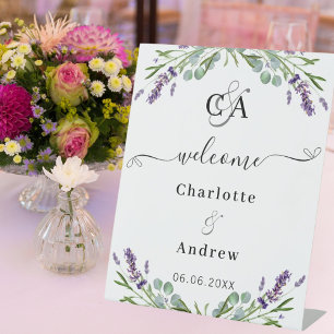 Lavender eucalyptus monogram welcome wedding pedestal sign