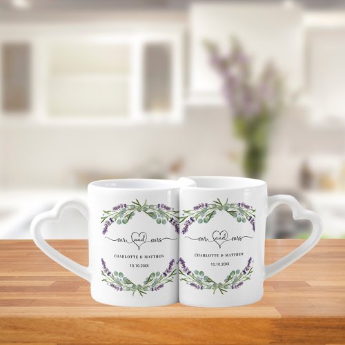 Lavender eucalyptus mr mrs names wedding coffee mug set