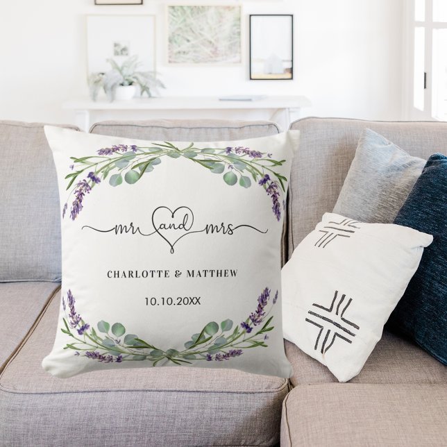 Lavender eucalyptus mr mrs names wedding throw pillow (Creator Uploaded)