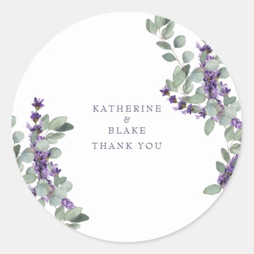 Lavender  Eucalyptus Names Wedding Thank You Classic Round Sticker