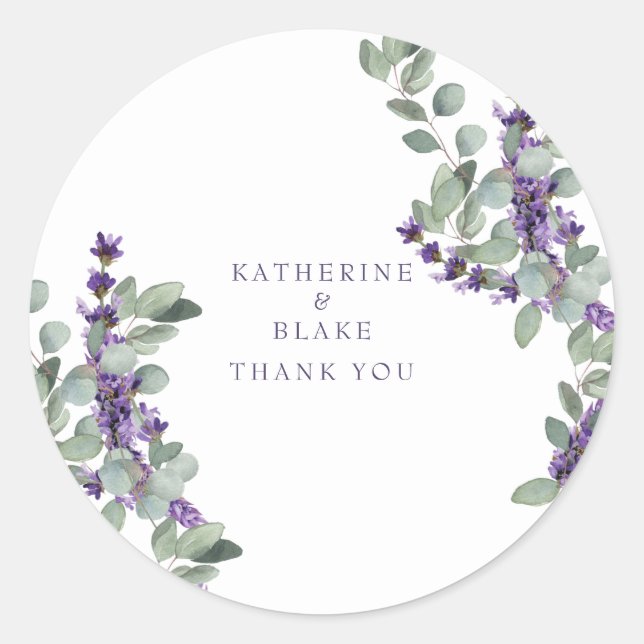 Lavender & Eucalyptus Names Wedding Thank You Classic Round Sticker (Front)