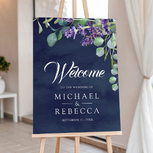 Lavender Eucalyptus Navy Blue Wedding Welcome Sign