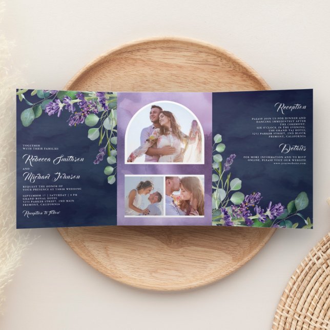 Lavender Eucalyptus Photo Arch Navy Blue Wedding Tri-Fold Invitation (Creator Uploaded)