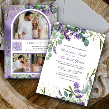 Lavender Eucalyptus Photo Collage Qr Code Wedding Invitation by ShabzDesigns at Zazzle