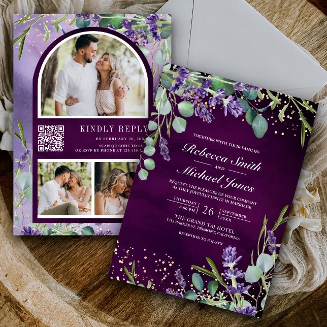 Lavender Eucalyptus Photo Purple QR Code Wedding Invitation (Creator Uploaded)