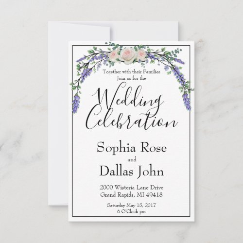 Lavender Eucalyptus pink Roses  Invitation